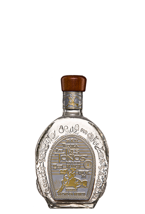 The front of the traditional Tequila Tres Toños Blanco bottle